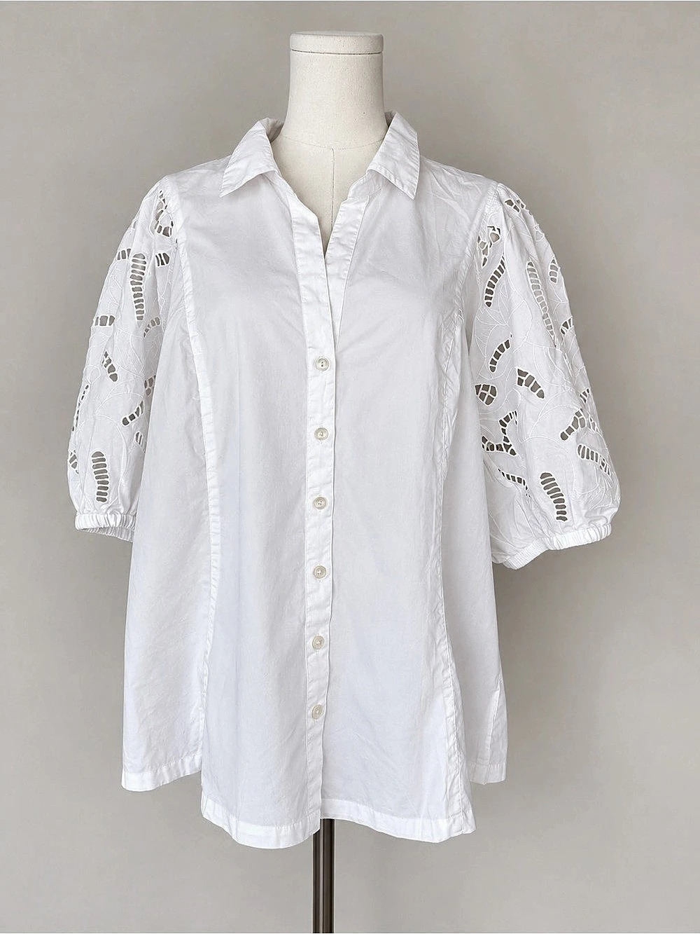 NIC+ZOE White Eyelet Puff Sleeve Button Front Cotton Blouse Top 2X NWT